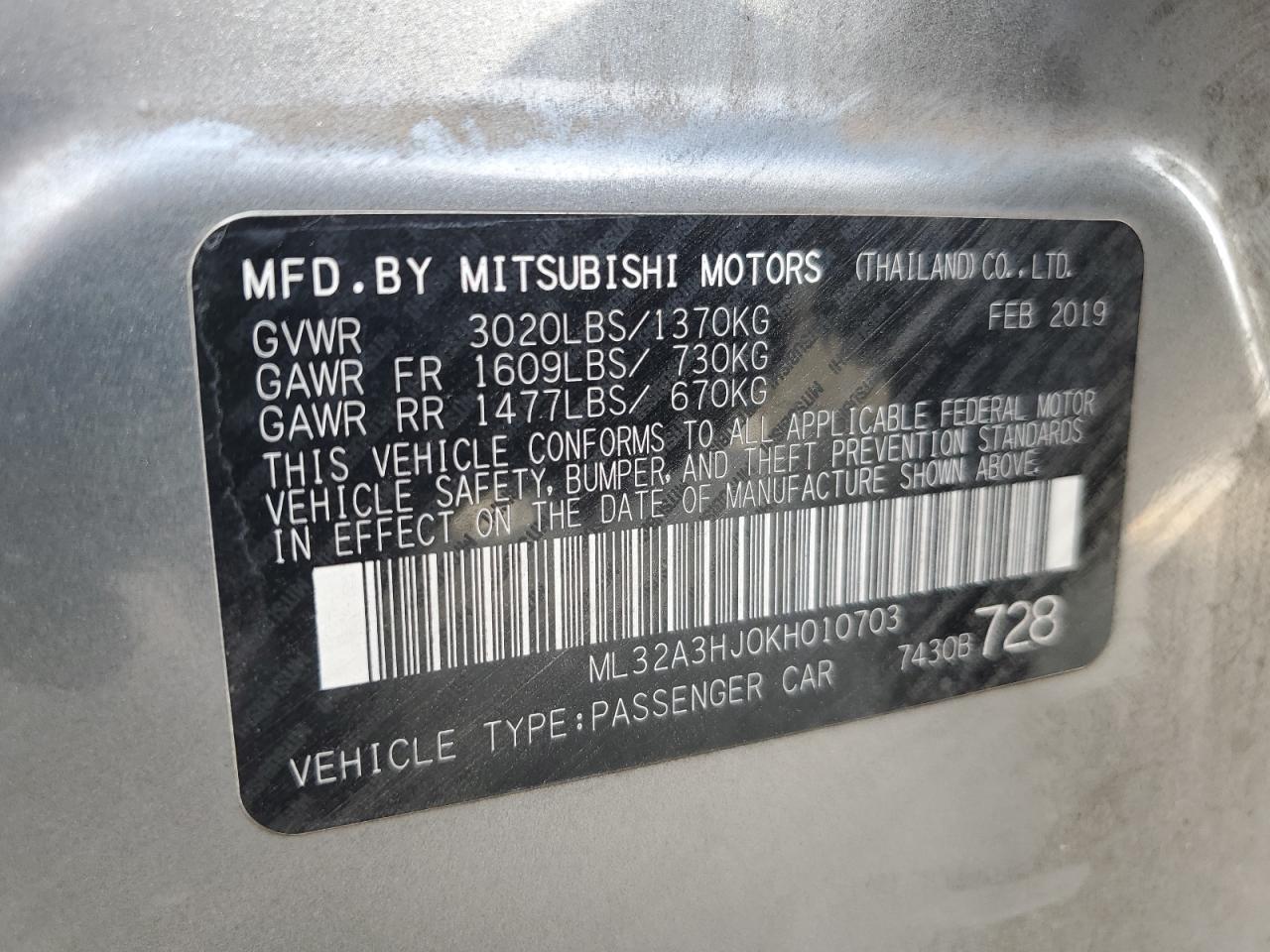2019 Mitsubishi Mirage Es VIN: ML32A3HJ0KH010703 Lot: 70064865