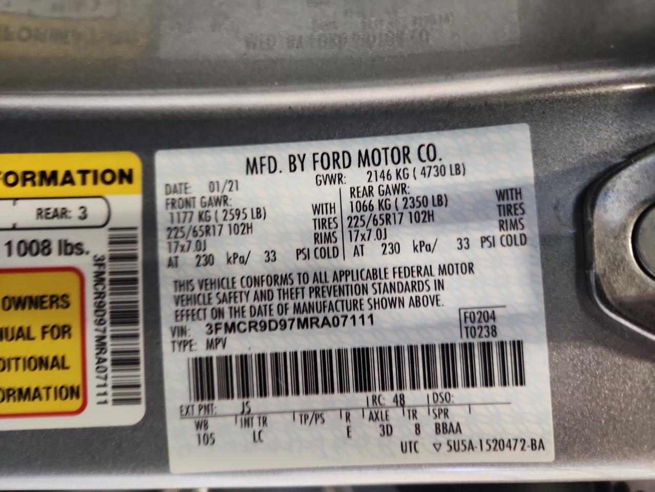 2021 Ford Bronco Sport Badlands VIN: 3FMCR9D97MRA07111 Lot: 68499705