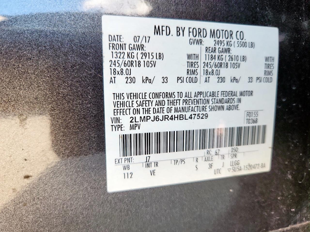 2017 Lincoln Mkx Premiere VIN: 2LMPJ6JR4HBL47529 Lot: 69392845