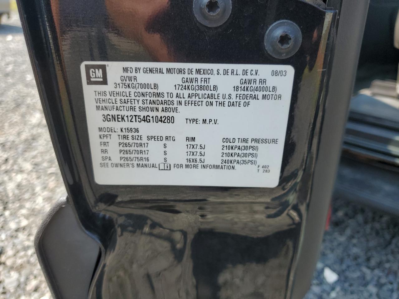 2004 Chevrolet Avalanche K1500 VIN: 3GNEK12T54G104280 Lot: 68379555