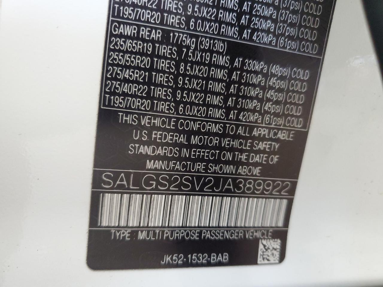 SALGS2SV2JA389922 2018 Land Rover Range Rover Hse