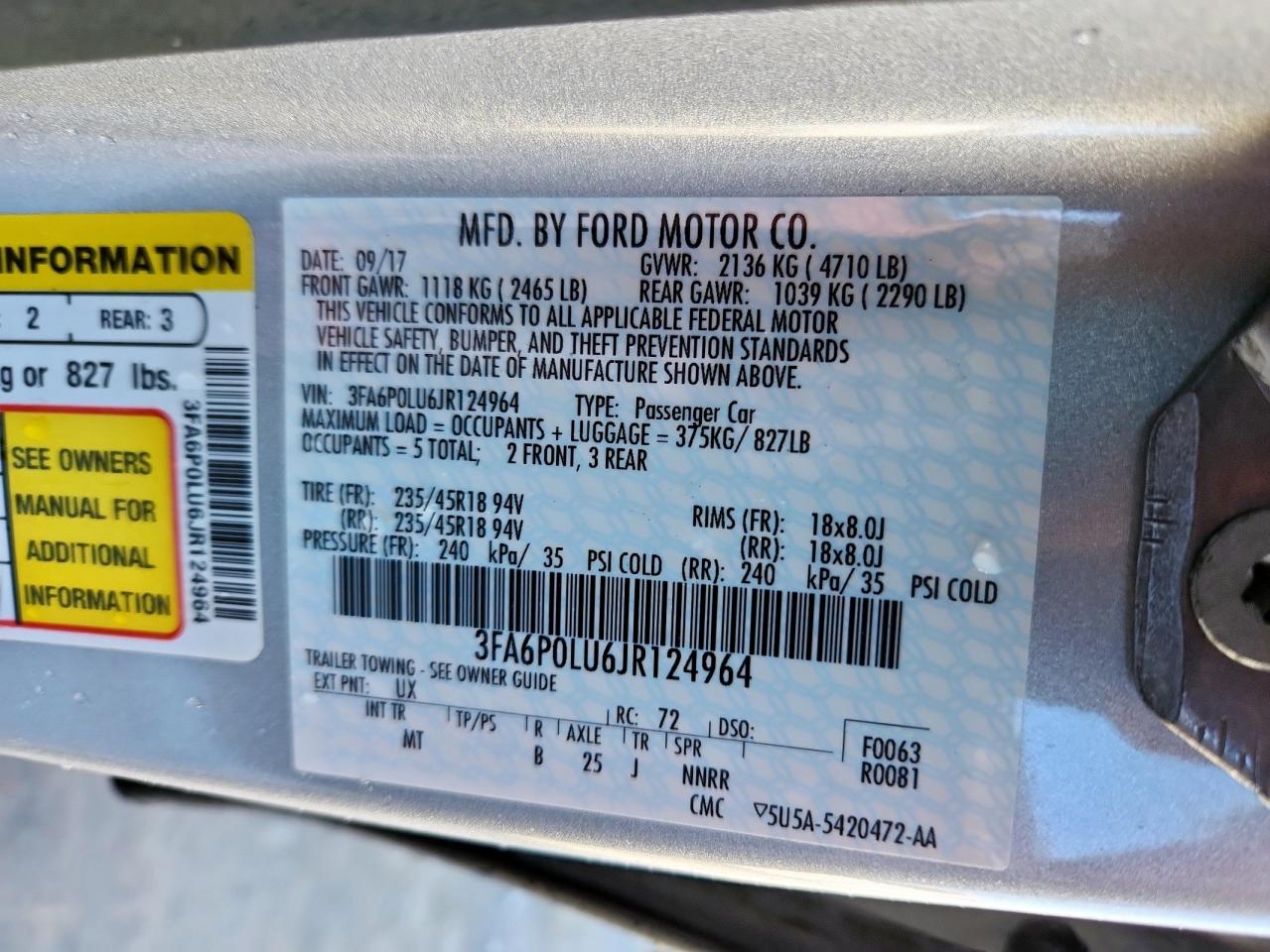 2018 Ford Fusion Se Hybrid VIN: 3FA6P0LU6JR124964 Lot: 69080655