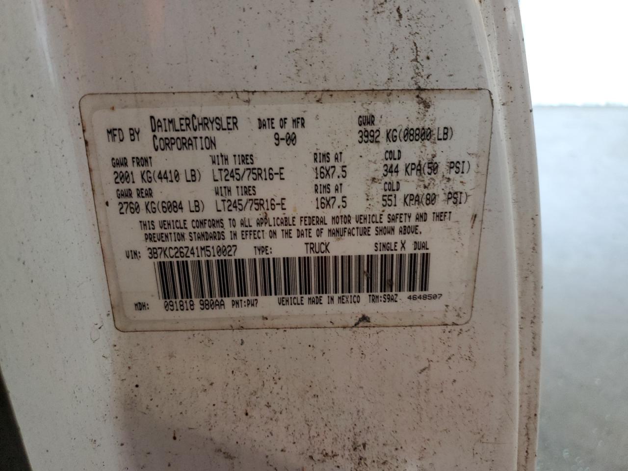 2001 Dodge Ram 2500 VIN: 3B7KC26Z41M510027 Lot: 68958095