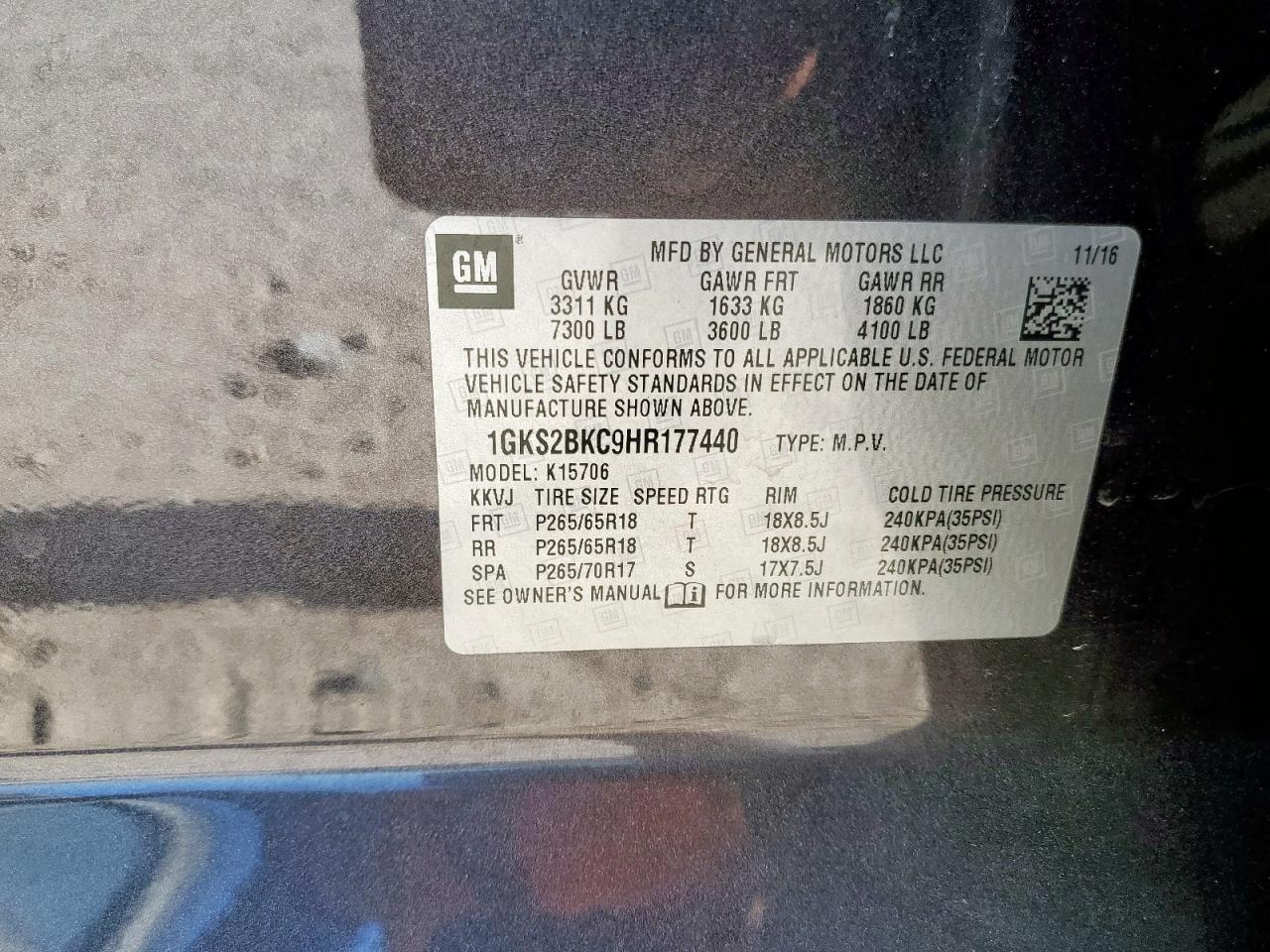 2017 GMC Yukon Slt VIN: 1GKS2BKC9HR177440 Lot: 70543625