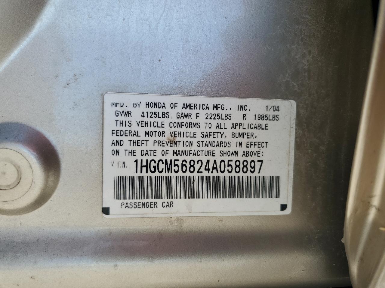 2004 Honda Accord Ex VIN: 1HGCM56824A058897 Lot: 70810285