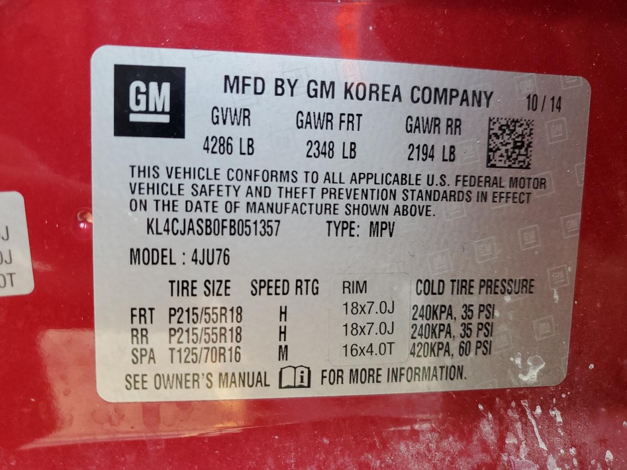 2015 Buick Encore VIN: KL4CJASB0FB051357 Lot: 67799845