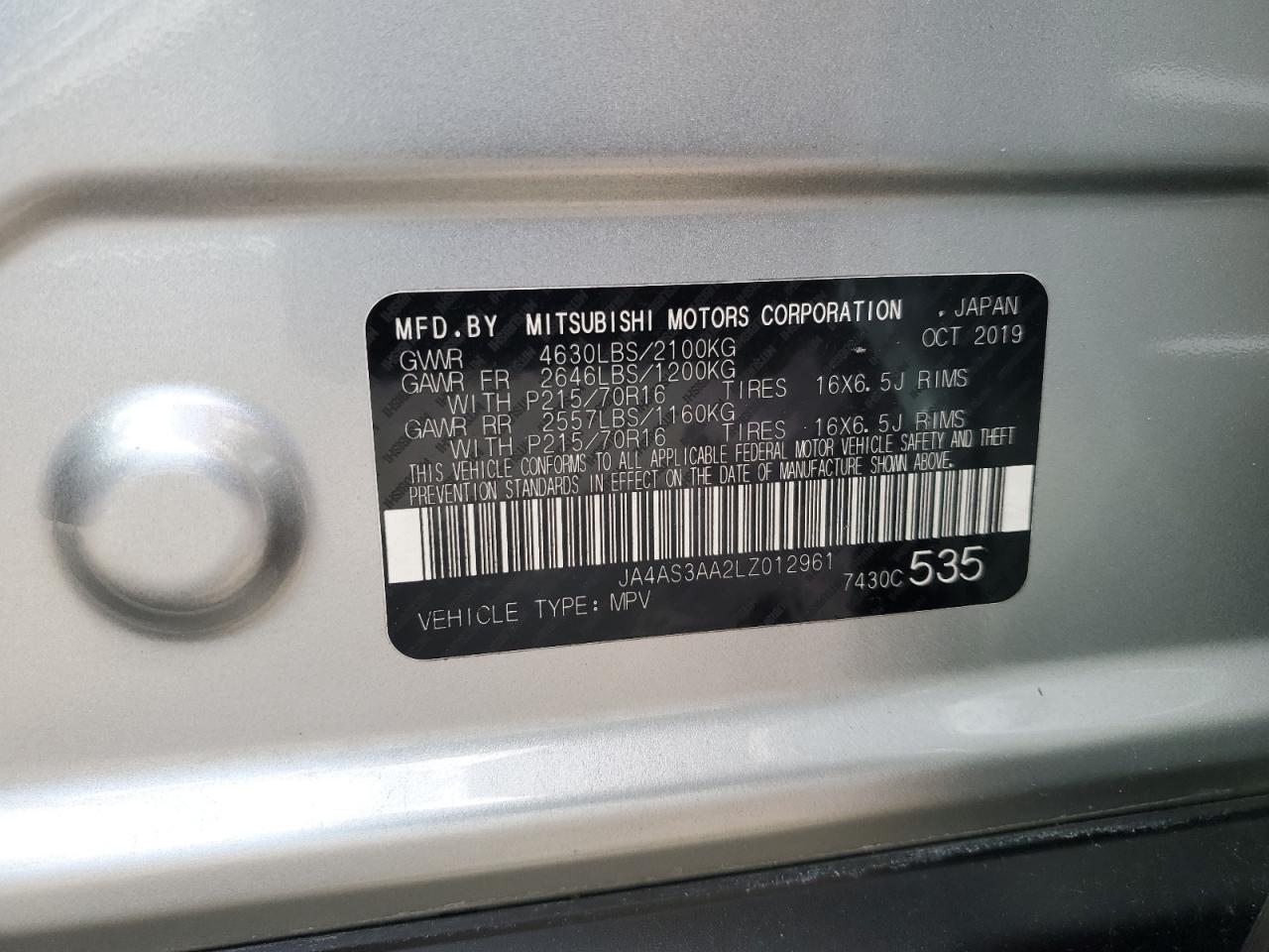 2020 Mitsubishi Eclipse Cross Es VIN: JA4AS3AA2LZ012961 Lot: 70877395