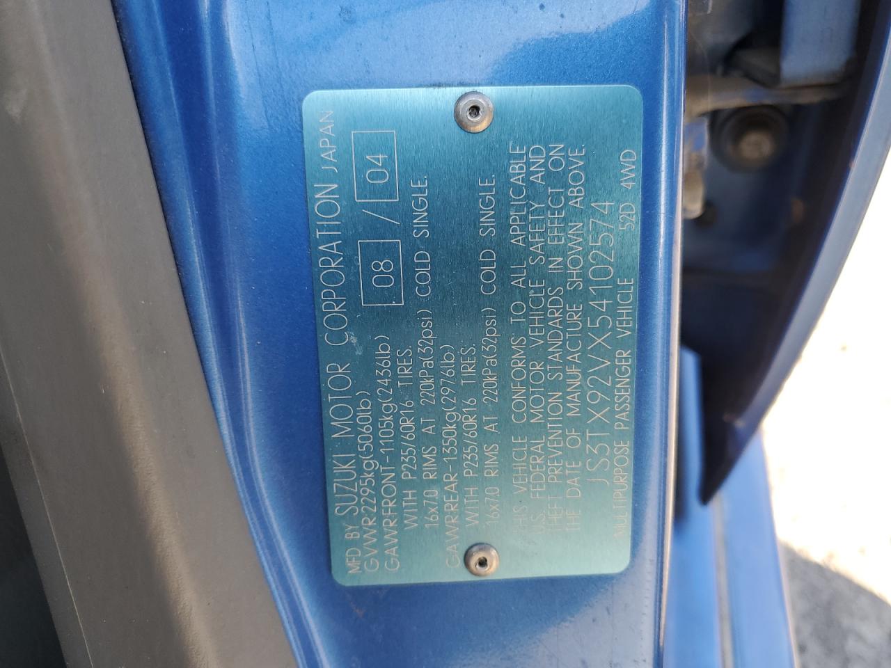 2005 Suzuki Xl7 Ex VIN: JS3TX92VX54102574 Lot: 67763525