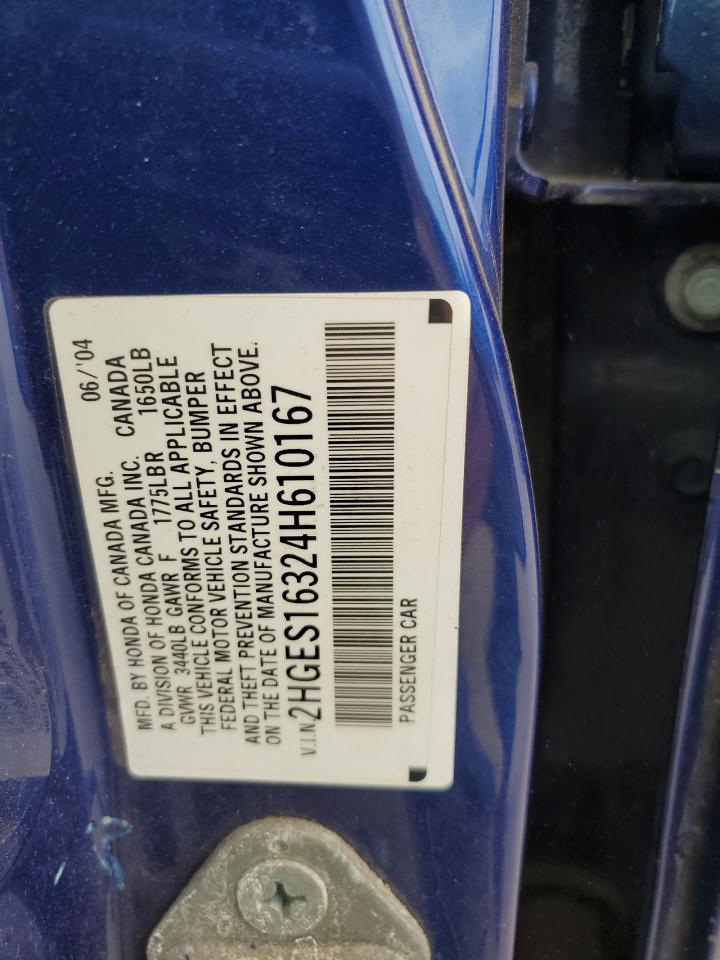 2004 Honda Civic Dx Vp VIN: 2HGES16324H610167 Lot: 70734685