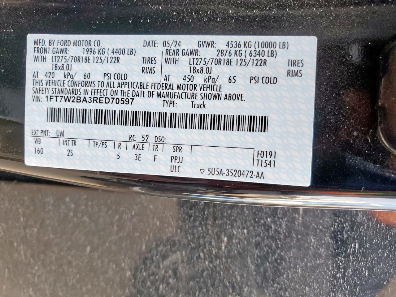 2024 Ford F250 Super Duty VIN: 1FT7W2BA3RED70597 Lot: 65706325