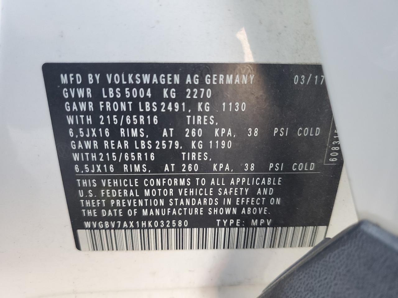 2017 Volkswagen Tiguan S VIN: WVGBV7AX1HK032580 Lot: 68742325