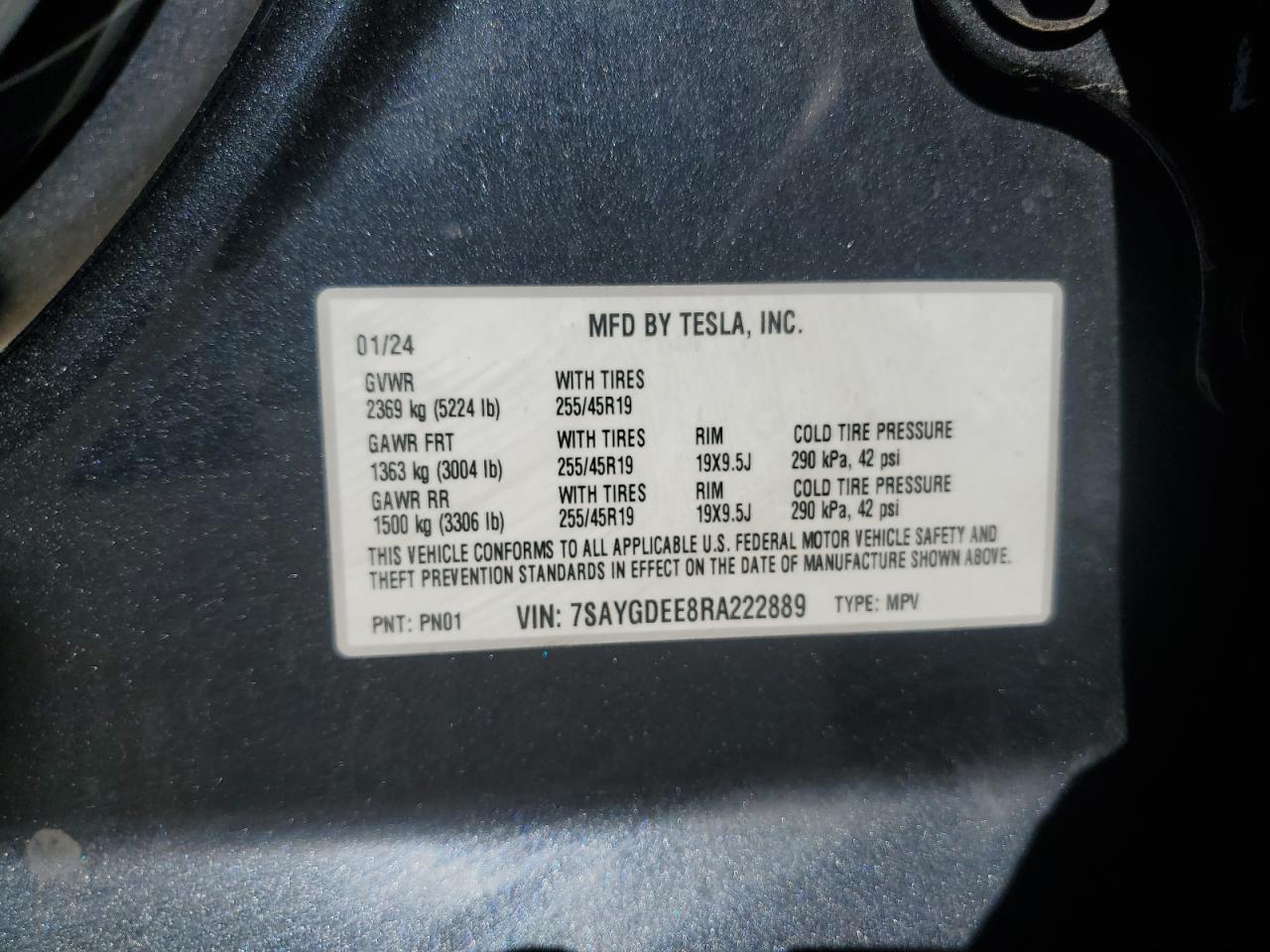 2024 Tesla Model Y VIN: 7SAYGDEE8RA222889 Lot: 68581915