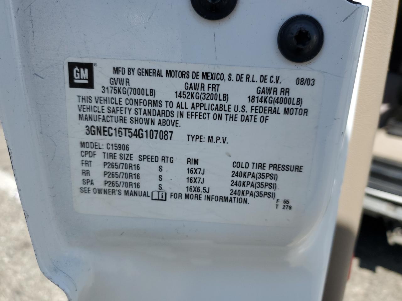 2004 Chevrolet Suburban C1500 VIN: 3GNEC16T54G107087 Lot: 71060265