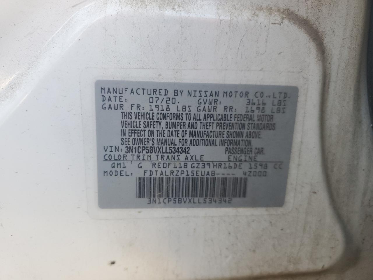 2020 Nissan Kicks S VIN: 3N1CP5BVXLL534342 Lot: 68683115