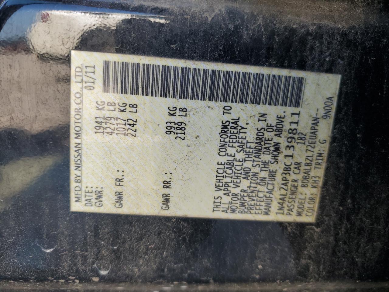 2011 Nissan Altima Base VIN: 1N4AL2AP3BC139811 Lot: 69756685