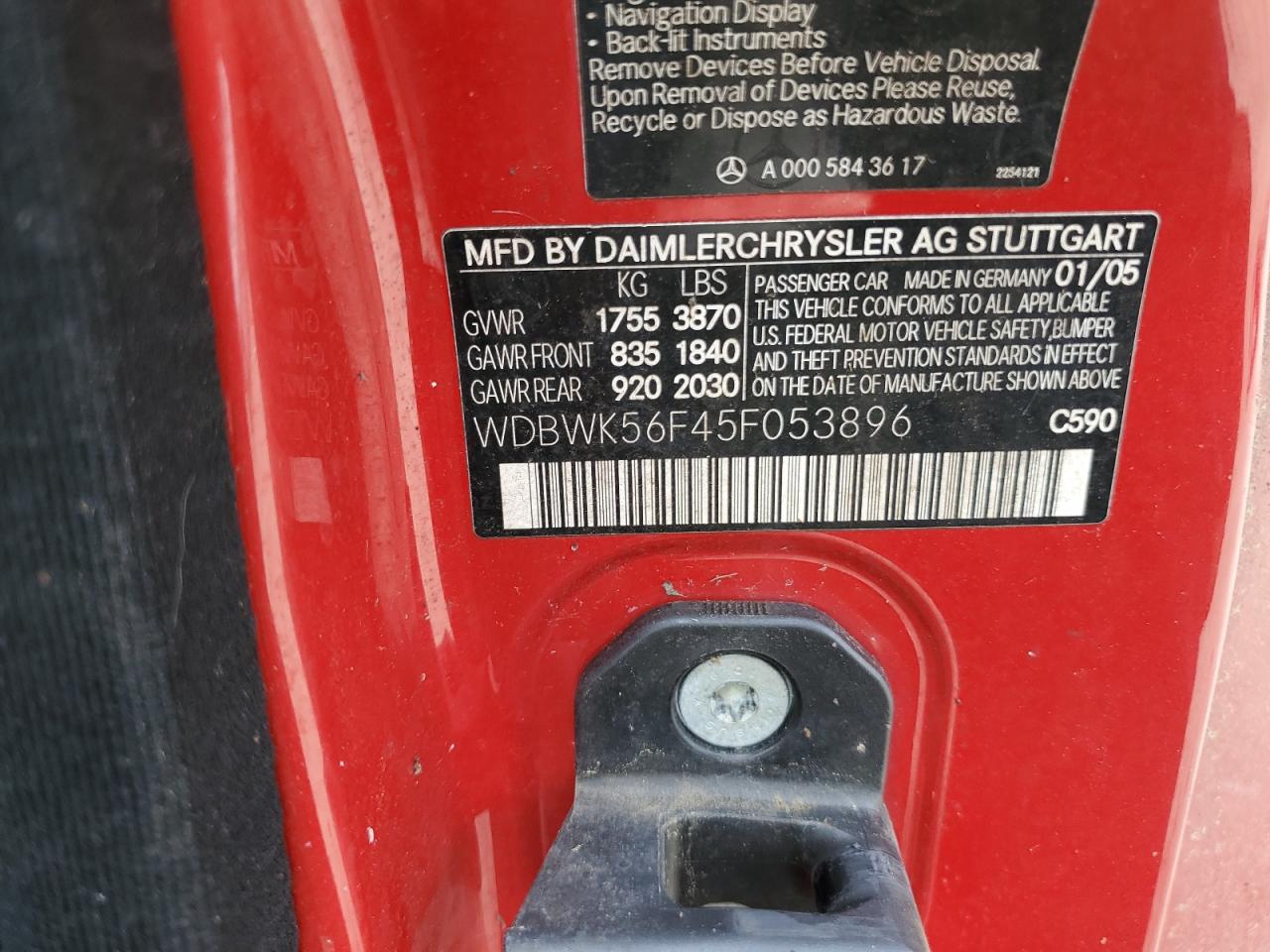 2005 Mercedes-Benz Slk 350 VIN: WDBWK56F45F053896 Lot: 68727115