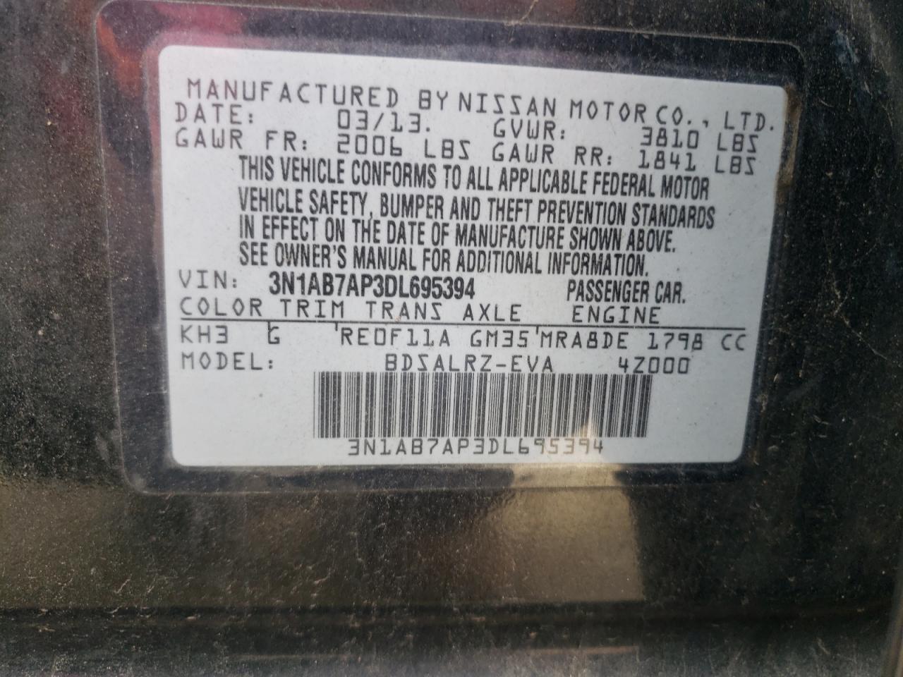 2013 Nissan Sentra S VIN: 3N1AB7AP3DL695394 Lot: 68947815