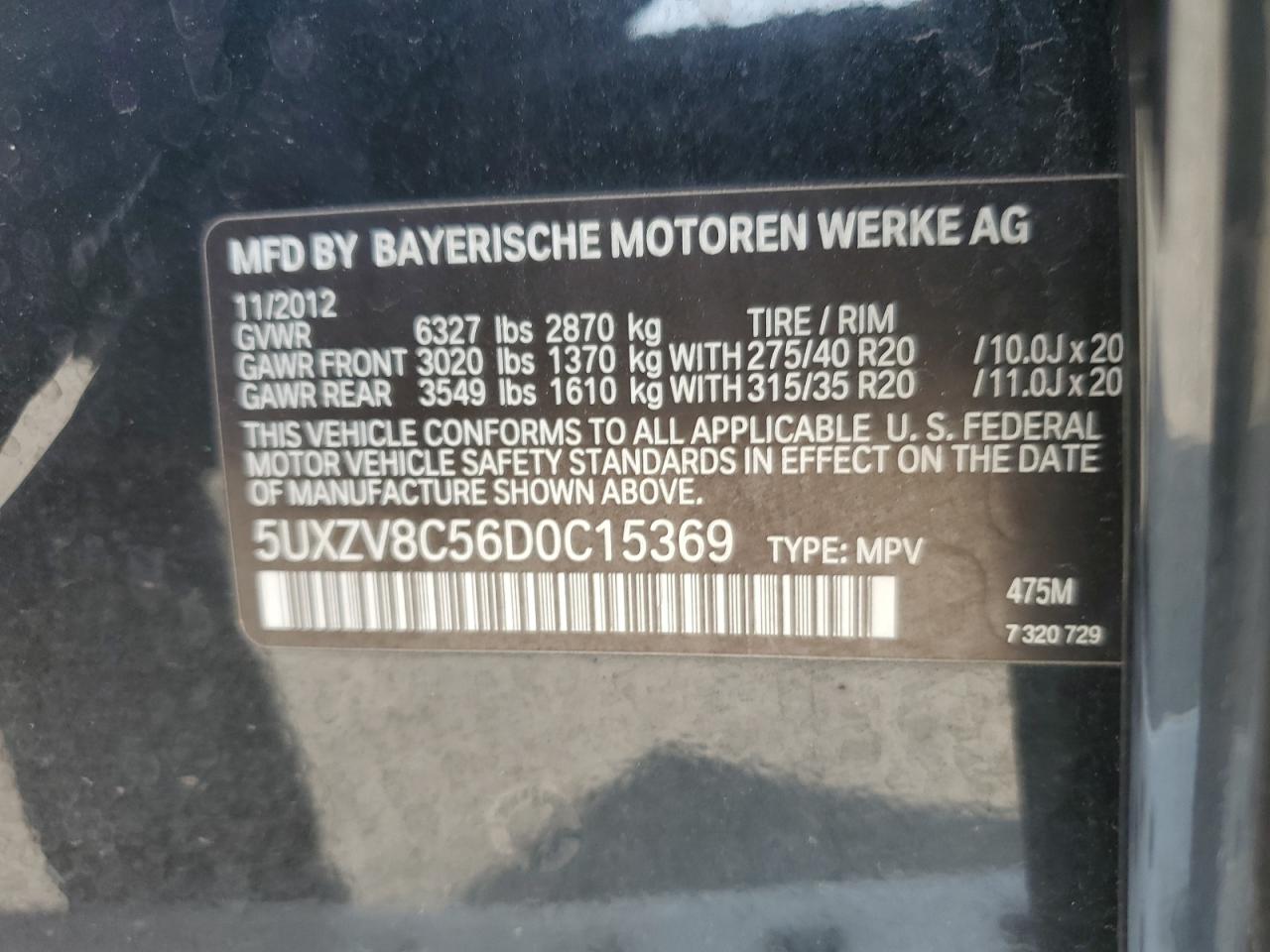 2013 BMW X5 xDrive50I VIN: 5UXZV8C56D0C15369 Lot: 68594865