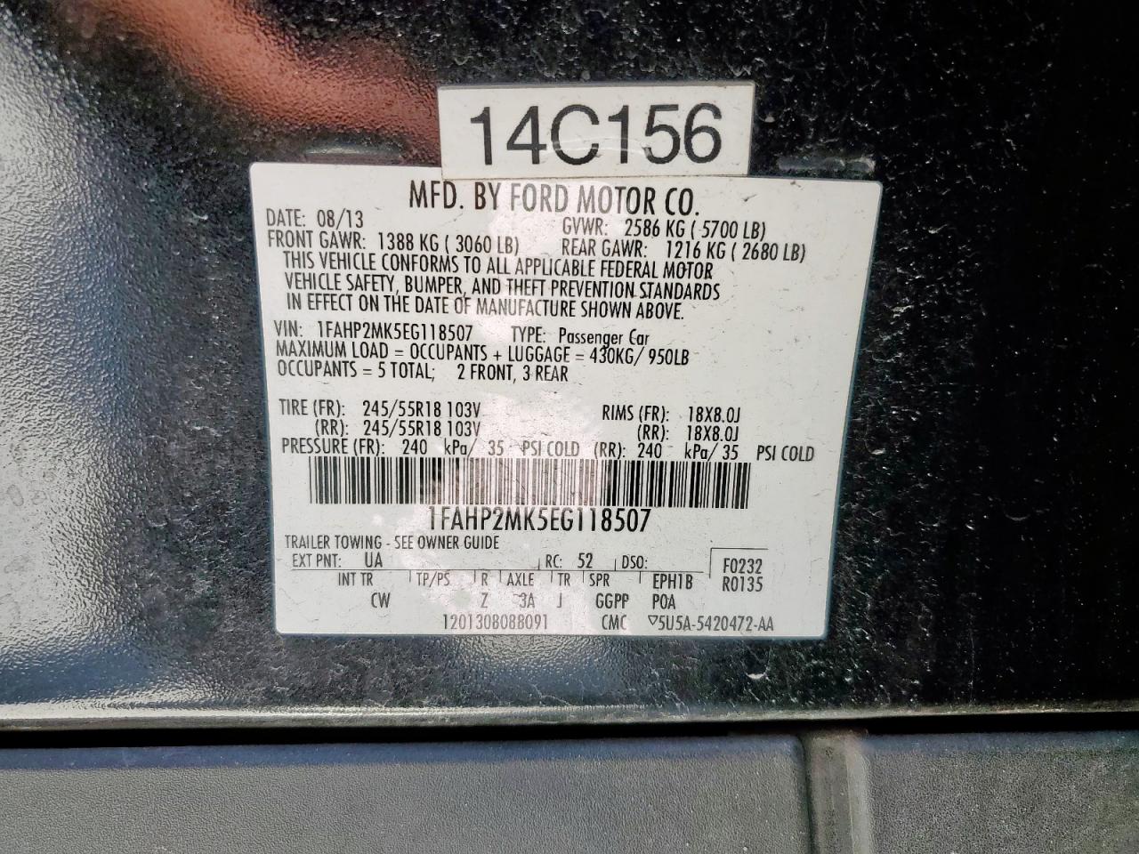 2014 Ford Taurus Police Interceptor VIN: 1FAHP2MK5EG118507 Lot: 66266095