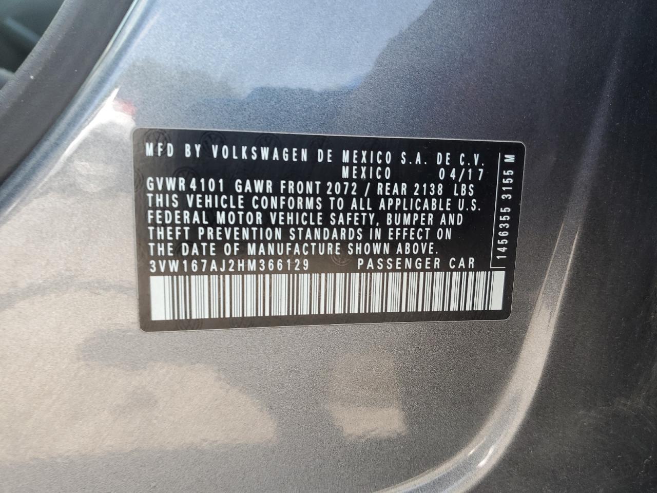 2017 Volkswagen Jetta S VIN: 3VW167AJ2HM366129 Lot: 67368255