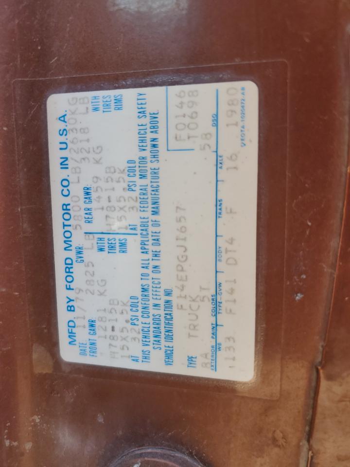 1980 Ford F150 VIN: F14EPGJ1657 Lot: 69389465