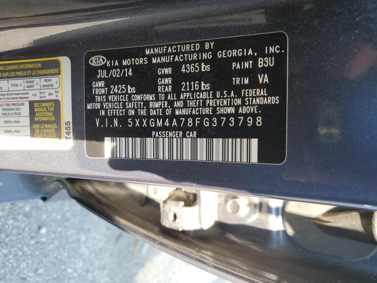 2015 Kia Optima Lx VIN: 5XXGM4A78FG373798 Lot: 68345945