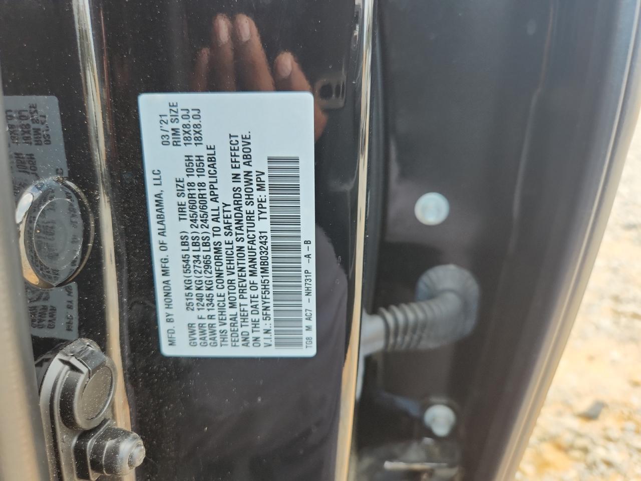2021 Honda Pilot Exl VIN: 5FNYF5H51MB032431 Lot: 68190495
