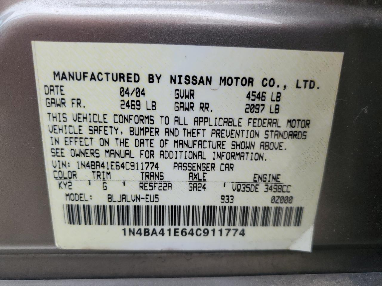 2004 Nissan Maxima Se VIN: 1N4BA41E64C911774 Lot: 68830355