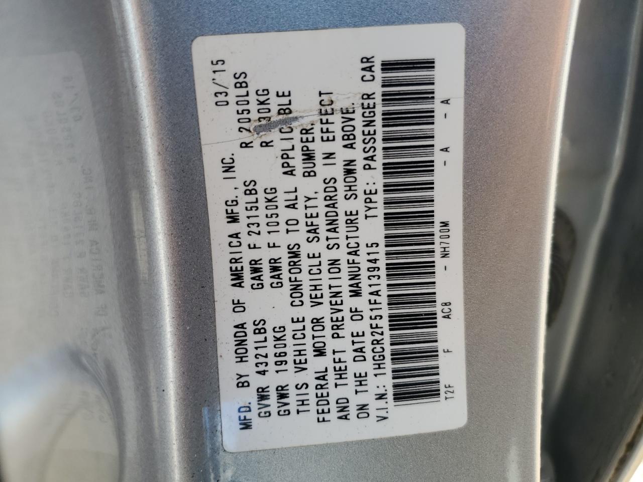 2015 Honda Accord Sport VIN: 1HGCR2F51FA139415 Lot: 70099835