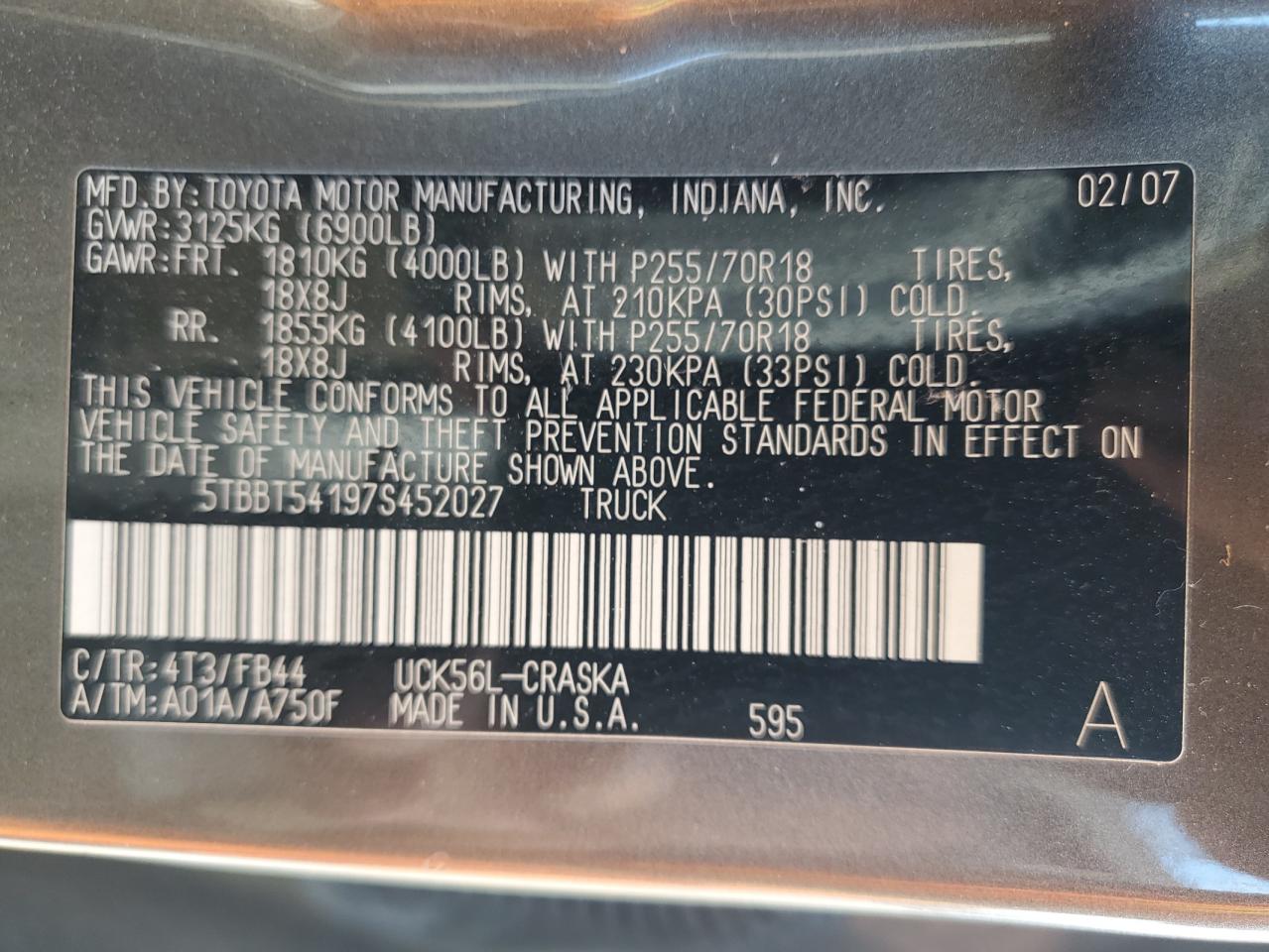 2007 Toyota Tundra Double Cab Sr5 VIN: 5TBBT54197S452027 Lot: 66461265