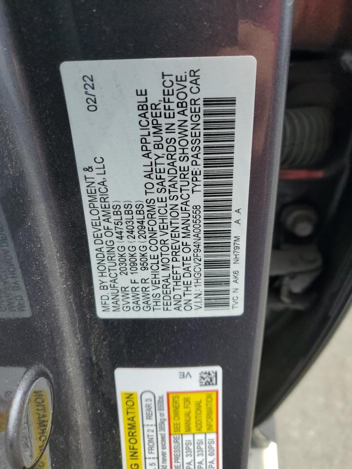 2022 Honda Accord Touring VIN: 1HGCV2F94NA005558 Lot: 70187625