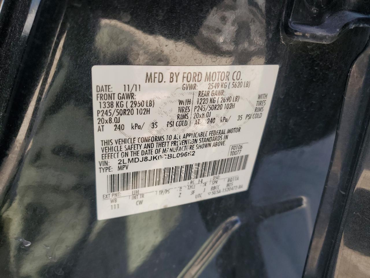 2012 Lincoln Mkx VIN: 2LMDJ8JK0CBL09662 Lot: 70851775