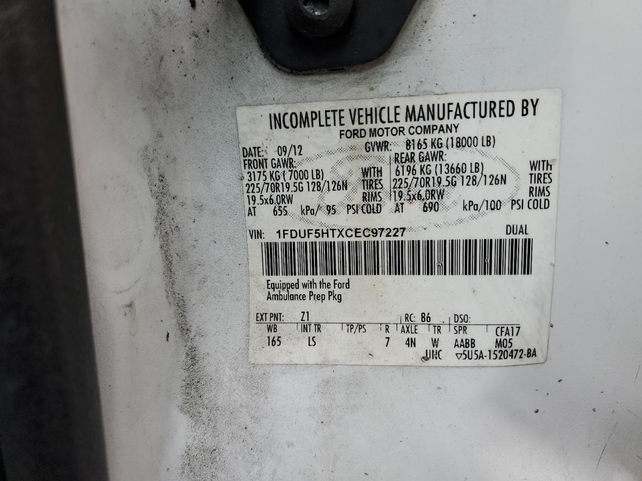 2012 Ford F550 Super Duty VIN: 1FDUF5HTXCEC97227 Lot: 67313475