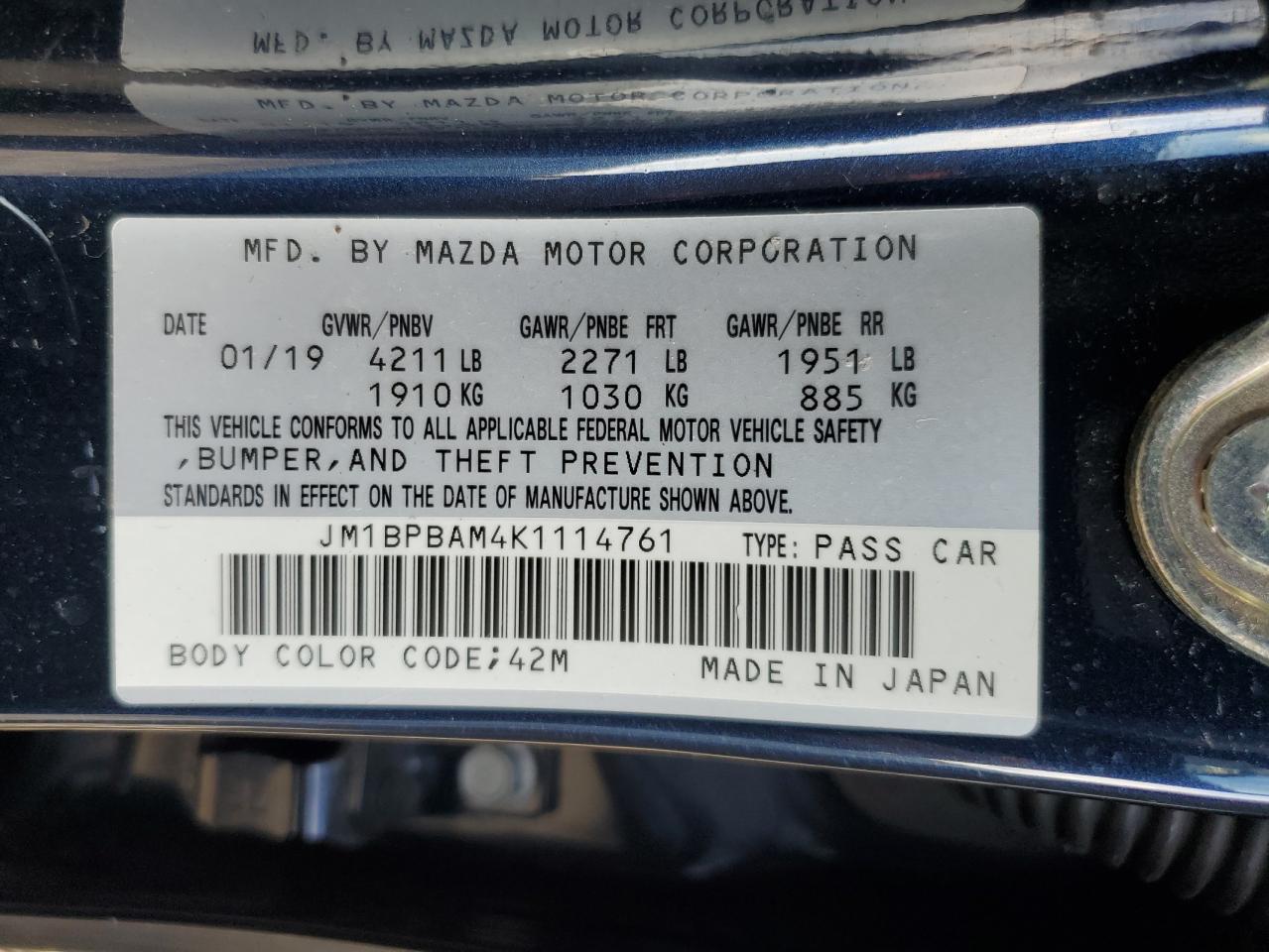 2019 Mazda 3 Select VIN: JM1BPBAM4K1114761 Lot: 70358605