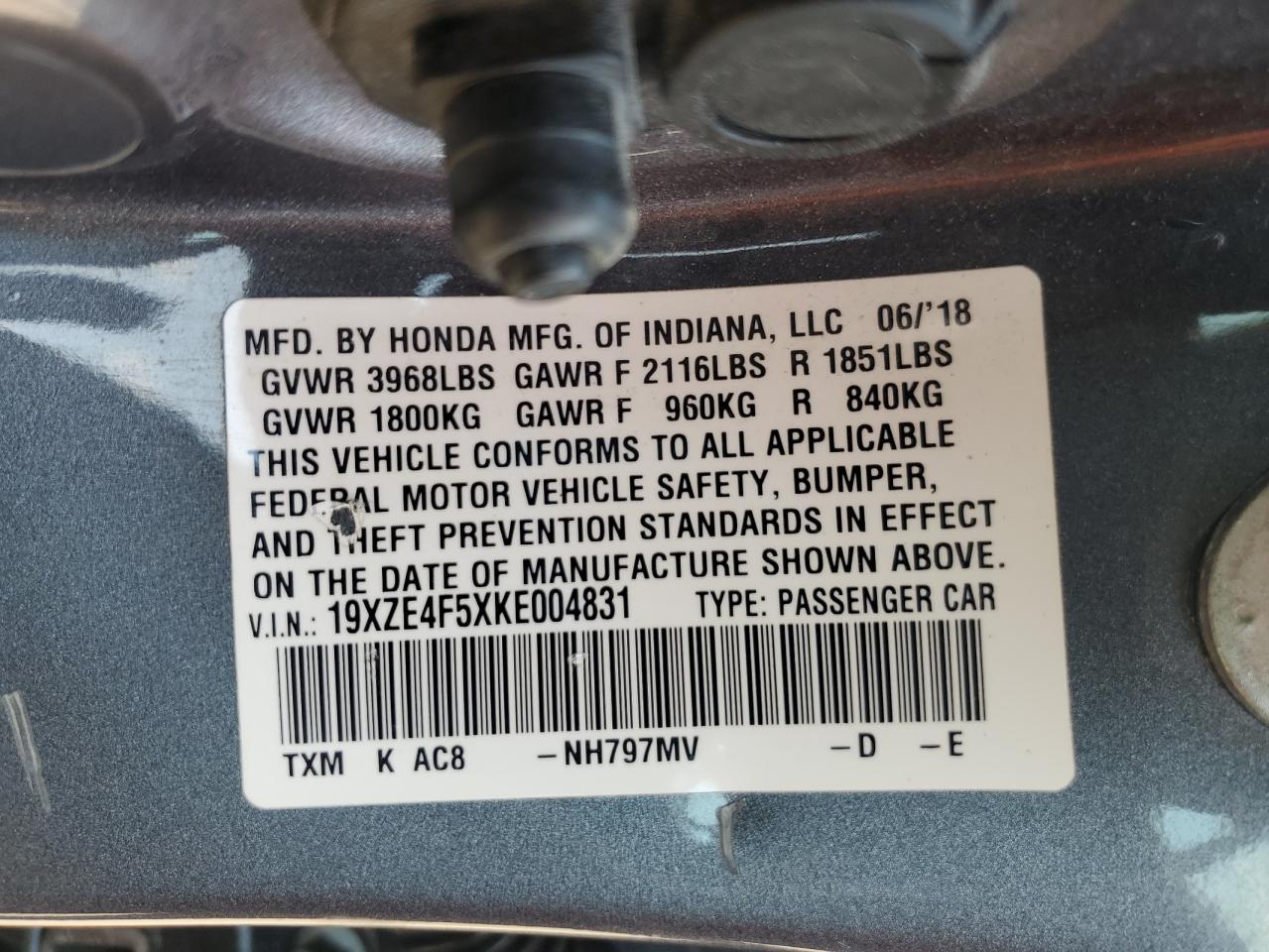 2019 Honda Insight Ex VIN: 19XZE4F5XKE004831 Lot: 69074255