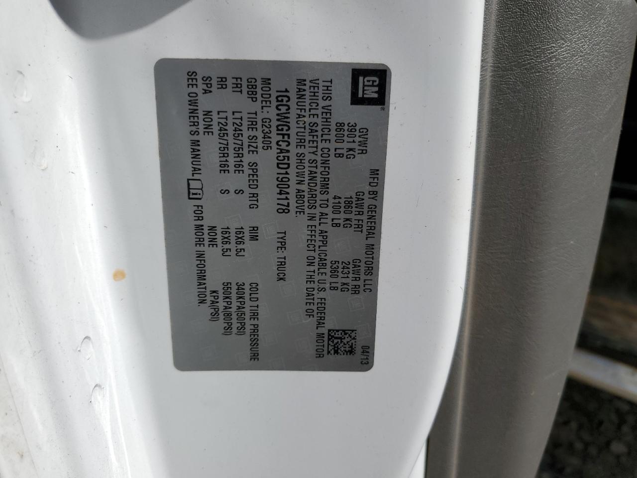 2013 Chevrolet Express G2500 VIN: 1GCWGFCA5D1904178 Lot: 69969595