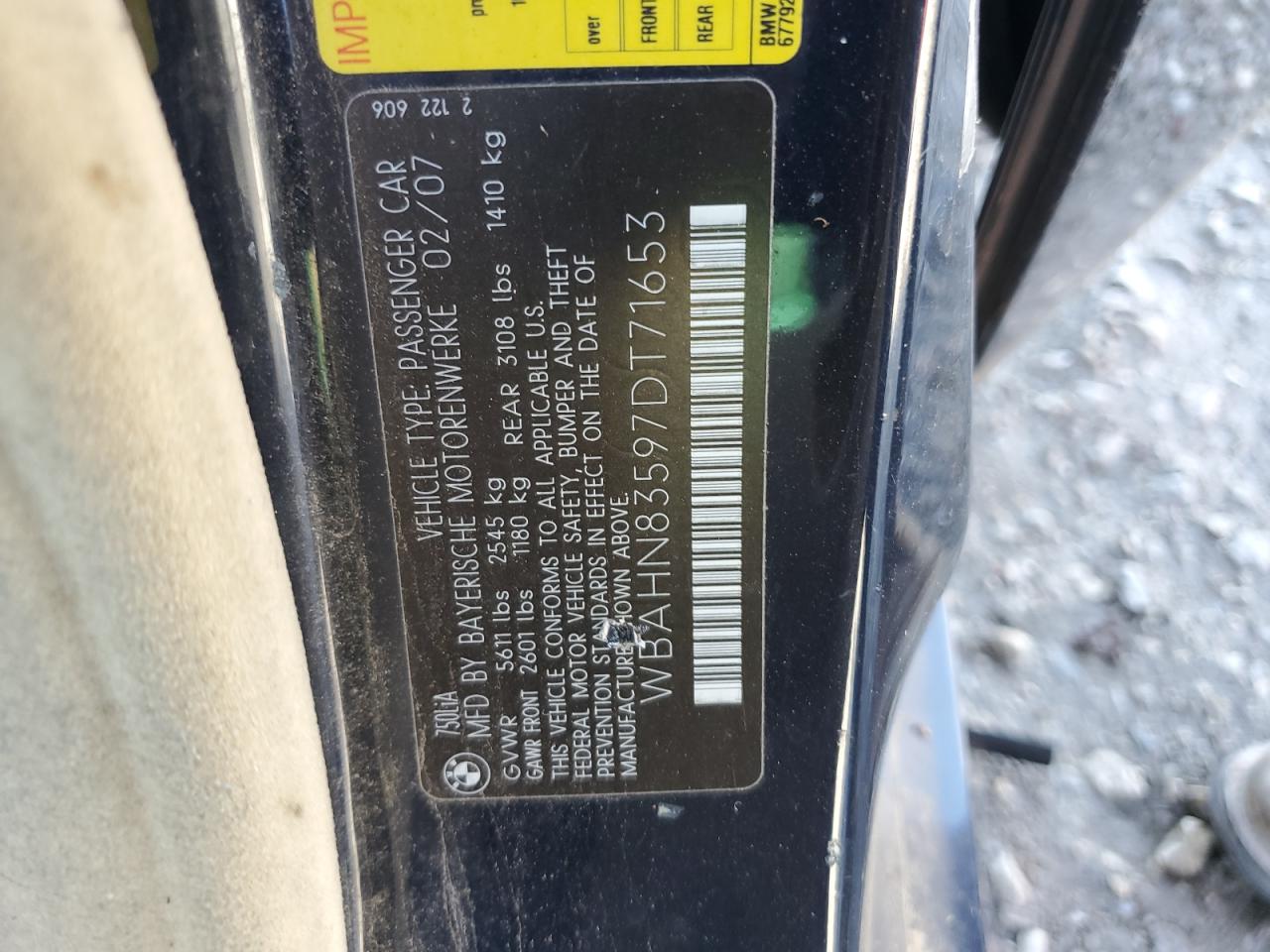 2007 BMW 750 VIN: WBAHN83597DT71653 Lot: 67342095