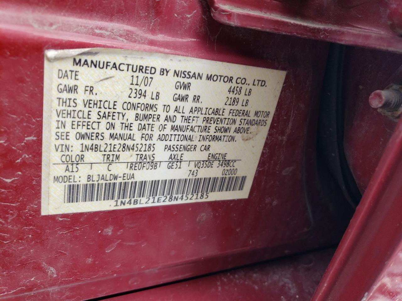 2008 Nissan Altima 3.5Se VIN: 1N4BL21E28N452185 Lot: 69130385