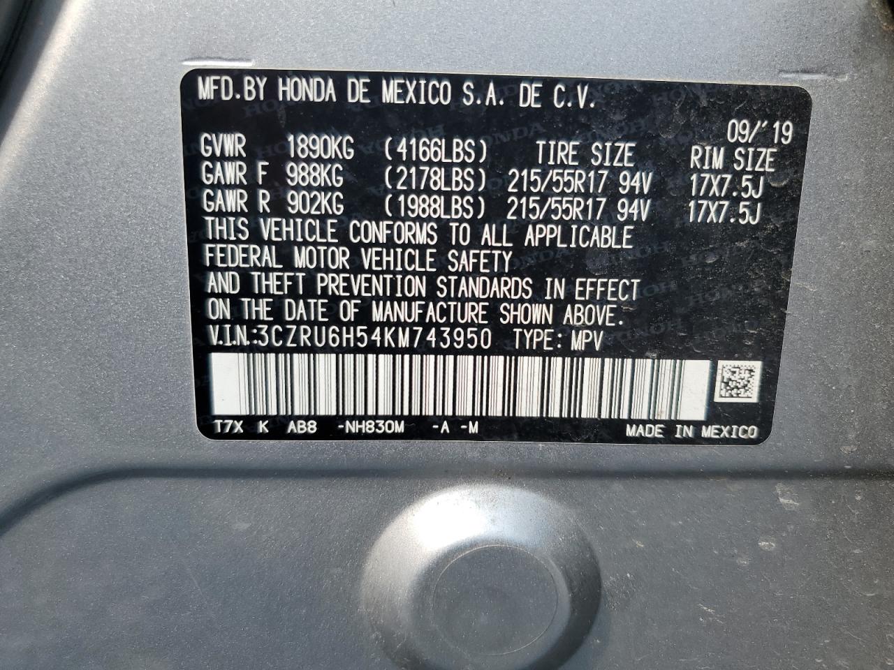 2019 Honda Hr-V Ex VIN: 3CZRU6H54KM743950 Lot: 67741655
