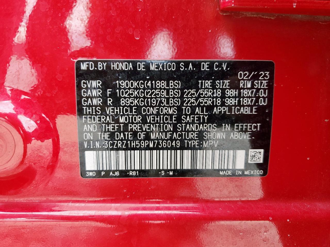 2023 Honda Hr-V Sport VIN: 3CZRZ1H59PM736049 Lot: 67590035