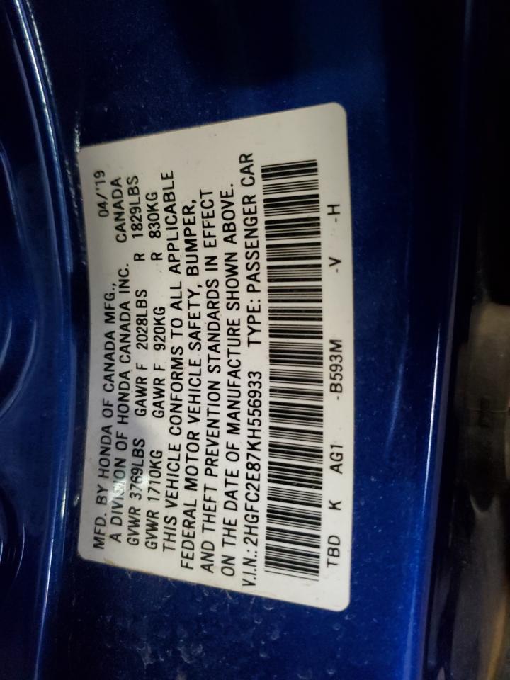 2019 Honda Civic Sport VIN: 2HGFC2E87KH556933 Lot: 69813135