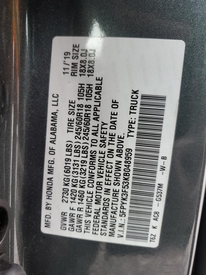 2019 Honda Ridgeline Rtl VIN: 5FPYK3F53KB048959 Lot: 67998075