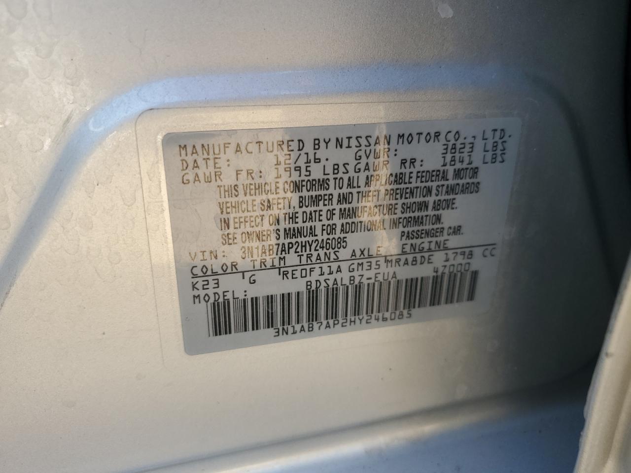 2017 Nissan Sentra S VIN: 3N1AB7AP2HY246085 Lot: 70024295