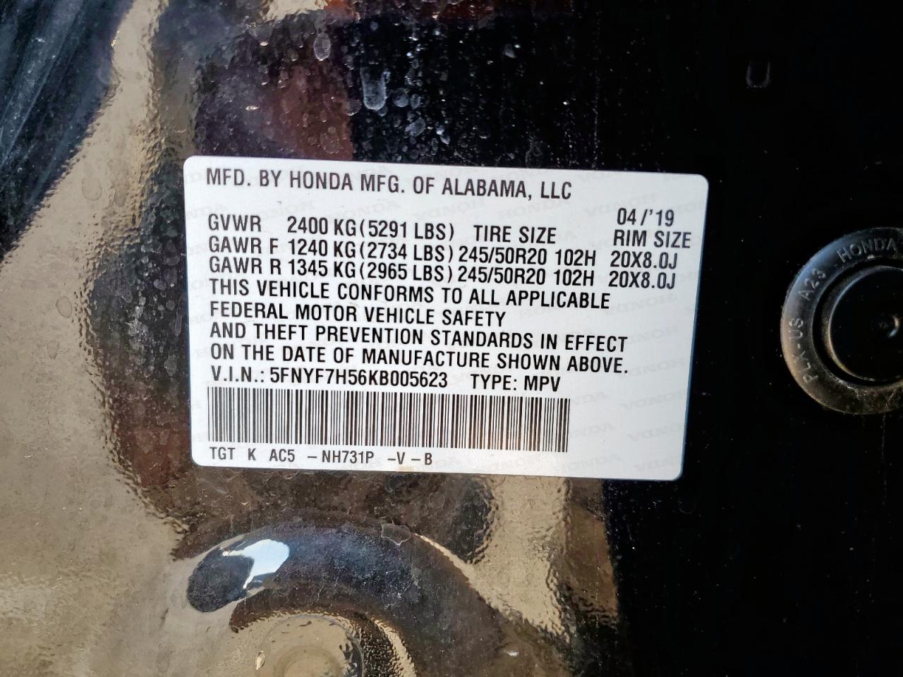 2019 Honda Passport Exl VIN: 5FNYF7H56KB005623 Lot: 68930585
