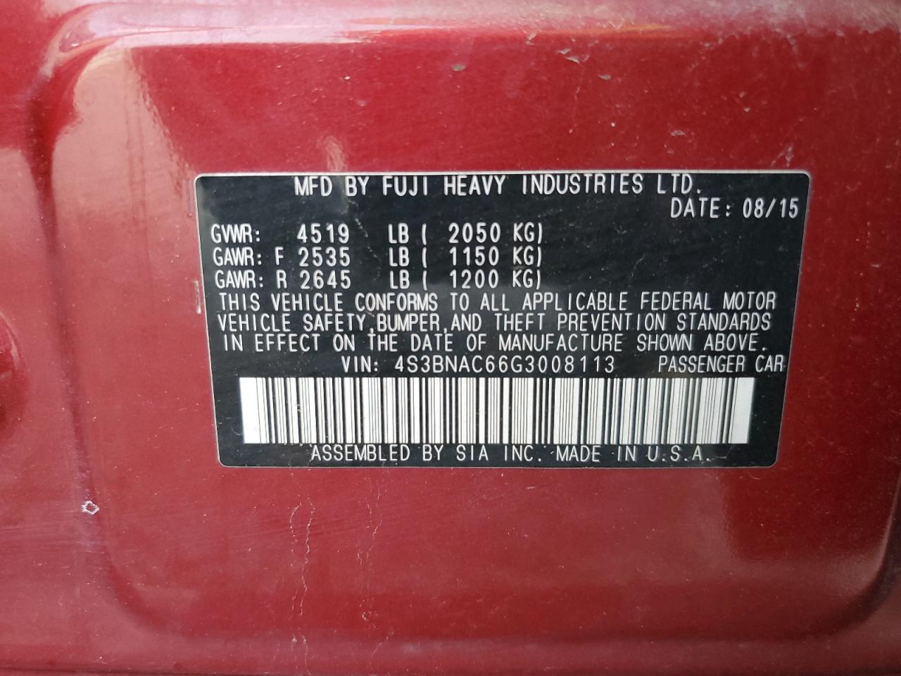 2016 Subaru Legacy 2.5I Premium VIN: 4S3BNAC66G3008113 Lot: 68000515