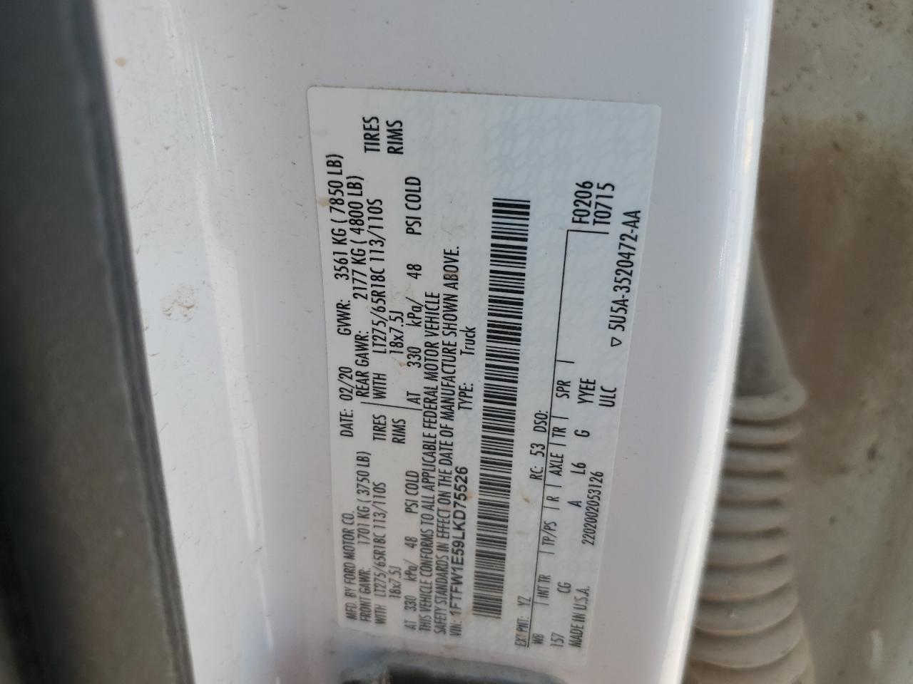 2020 Ford F150 Supercrew VIN: 1FTFW1E59LKD75526 Lot: 68118295