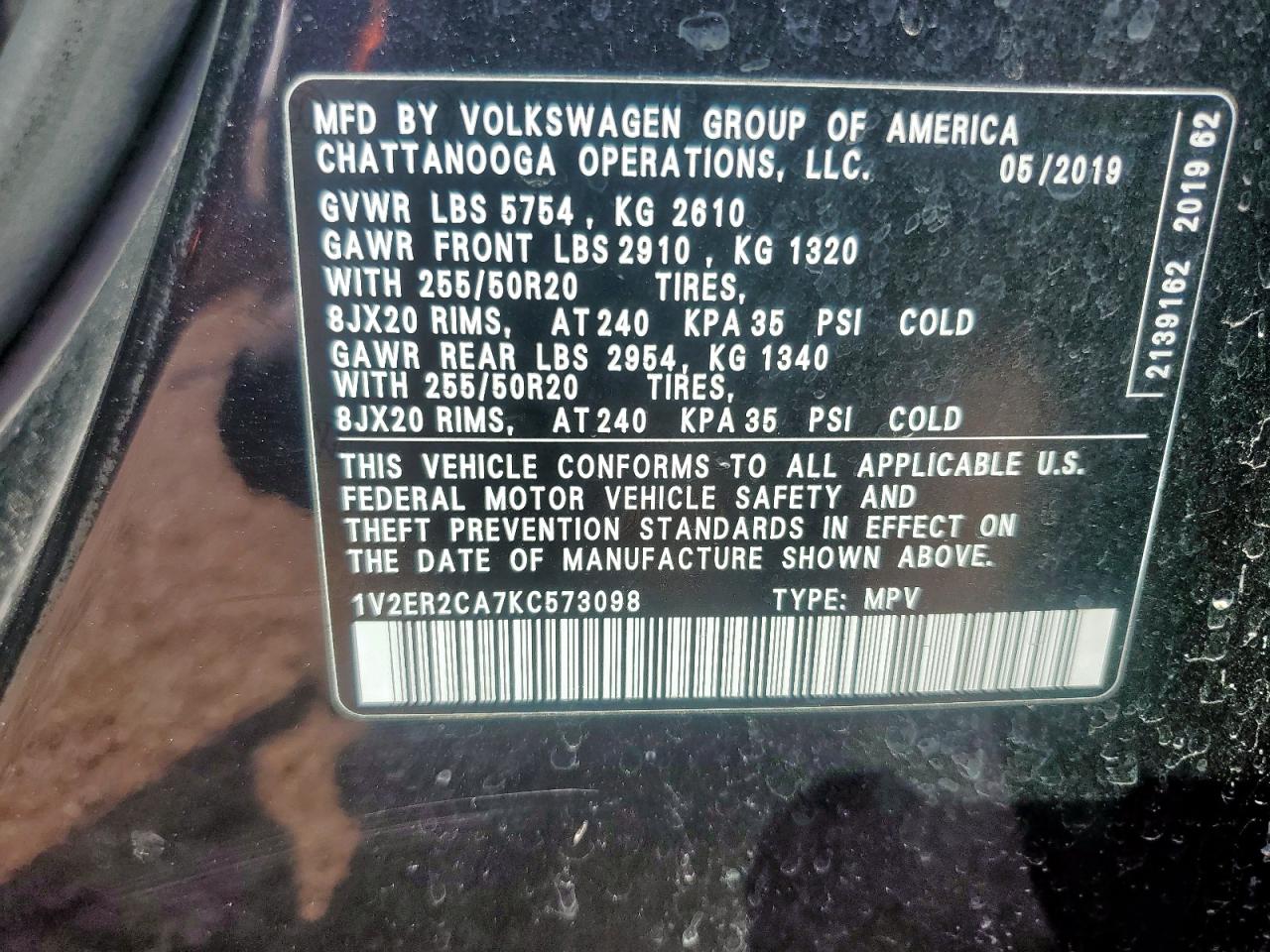 2019 Volkswagen Atlas Sel VIN: 1V2ER2CA7KC573098 Lot: 70845925