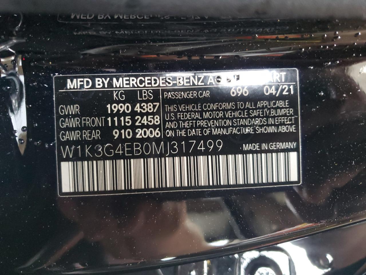 2021 Mercedes-Benz A 220 VIN: W1K3G4EB0MJ317499 Lot: 68539545