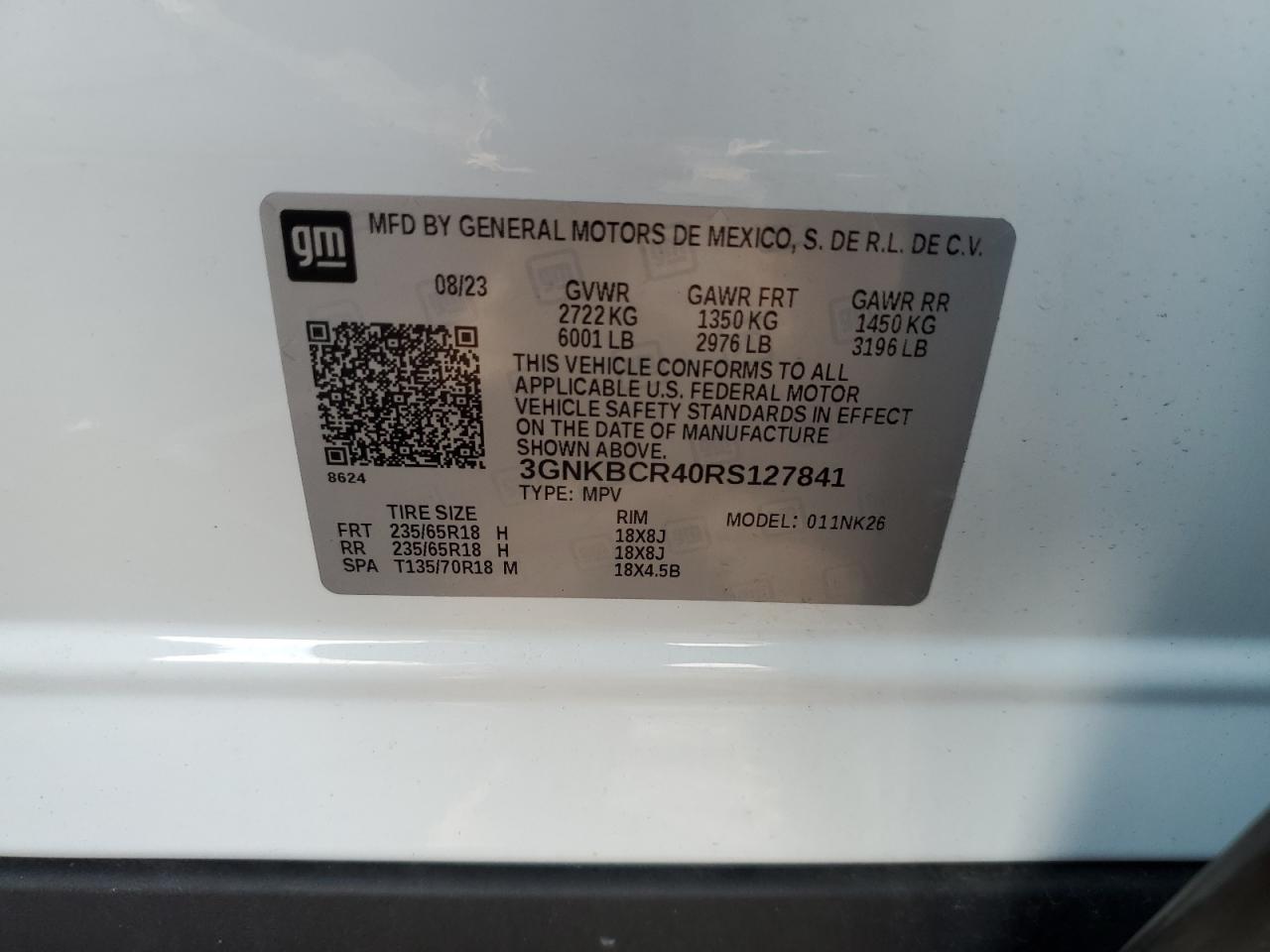 2024 Chevrolet Blazer 2Lt VIN: 3GNKBCR40RS127841 Lot: 69122895