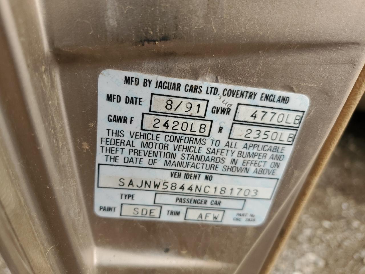 1992 Jaguar Xjs VIN: SAJNW5844NC181703 Lot: 69402115